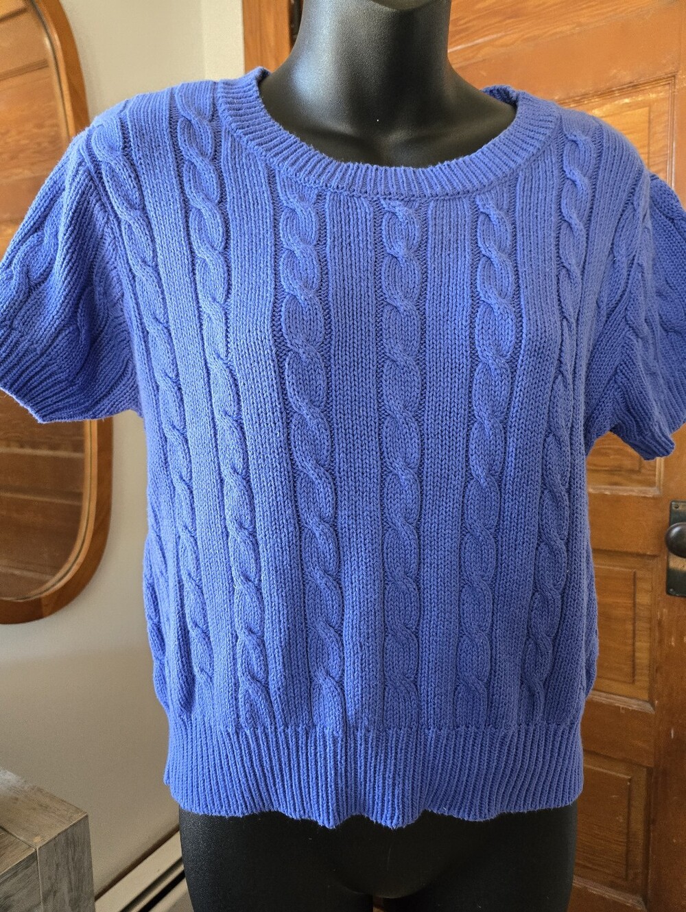 Blue Cable-Knit Short-Sleeve Cropped Sweater